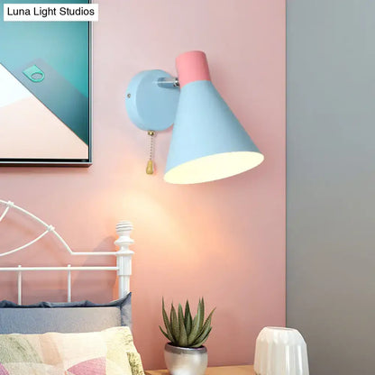 Metallic Cone Wall Light in pastel blue with pink cap, wall-mounted sconce with pull chain on Tampa Home & Garden Store