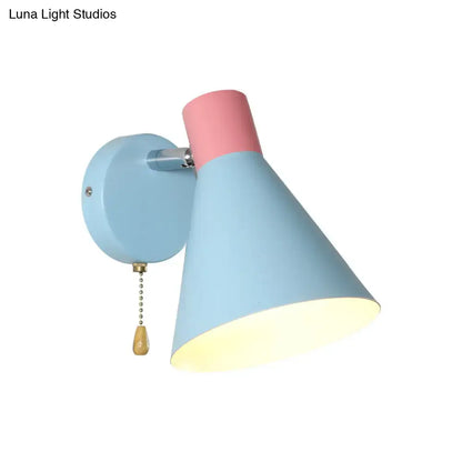 Decorbites metallic cone wall light blue shade with pink top accent and pull chain on Tampa Home & Garden Store