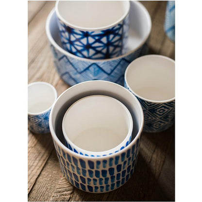 Blue Print ceramic vase planter set by RusticReach with blue geometric patterns on Tampa Home & Garden Store