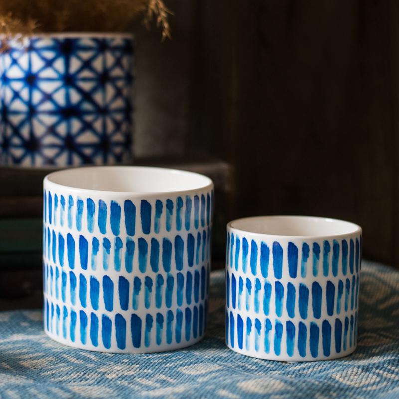 Ceramic vase planter RusticReach blue print pattern, white glaze with blue dashes, set of two on Tampa Home & Garden Store