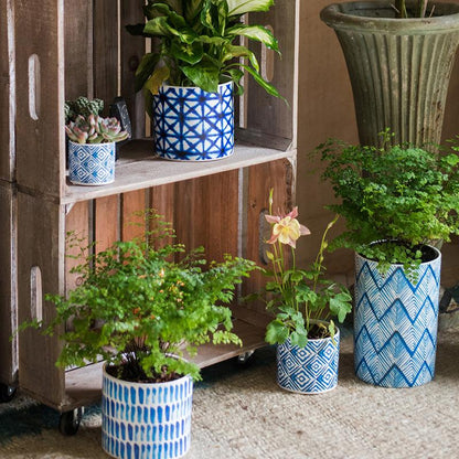 Blue Print Ceramic Vase Planter in geometric blue patterns, multiple sizes on Tampa Home & Garden Store