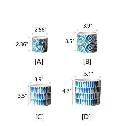 Four blue ceramic vase planters by RusticReach with geometric patterns A–D on Tampa Home & Garden Store