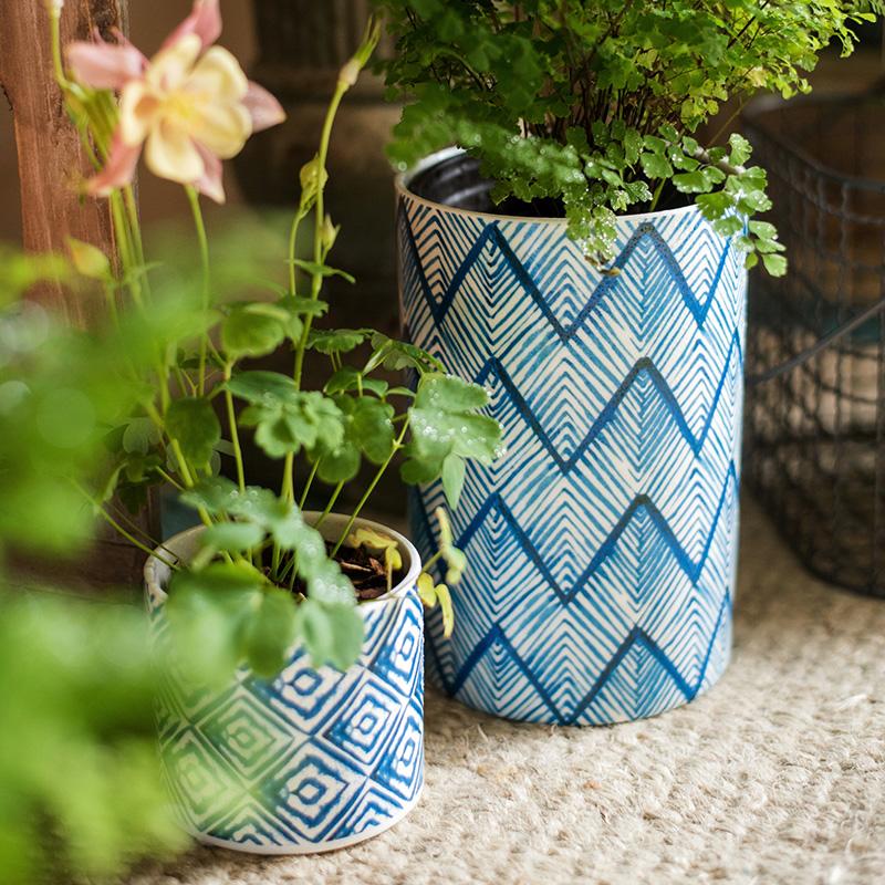 Blue Print Ceramic Vase Planter pair in blue chevron and geometric patterns RusticReach on Tampa Home & Garden Store