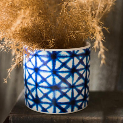 Blue Print Ceramic Vase Planter by RusticReach with blue lattice pattern, dried grasses on Tampa Home & Garden Store