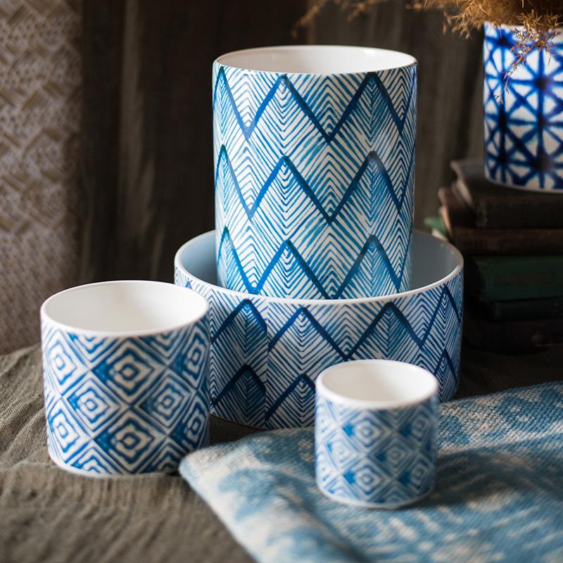 Blue Print ceramic vase planter set of 4 in geometric blue patterns in sizes RusticReach on Tampa Home & Garden Store