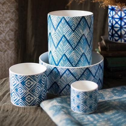 Blue Print ceramic vase planter set of 4 in geometric blue patterns in sizes RusticReach on Tampa Home & Garden Store