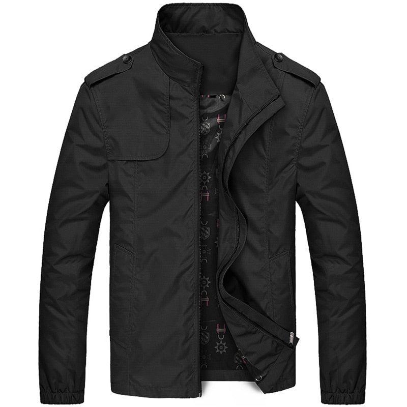 Stevvex men's lightweight black windbreaker jacket with stand collar, zip front, epaulets on shoulders on Tampa Home & Garden Store
