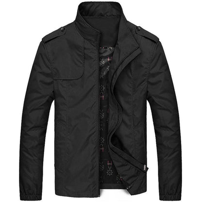 Stevvex men's lightweight black windbreaker jacket with stand collar, zip front, epaulets on shoulders on Tampa Home & Garden Store