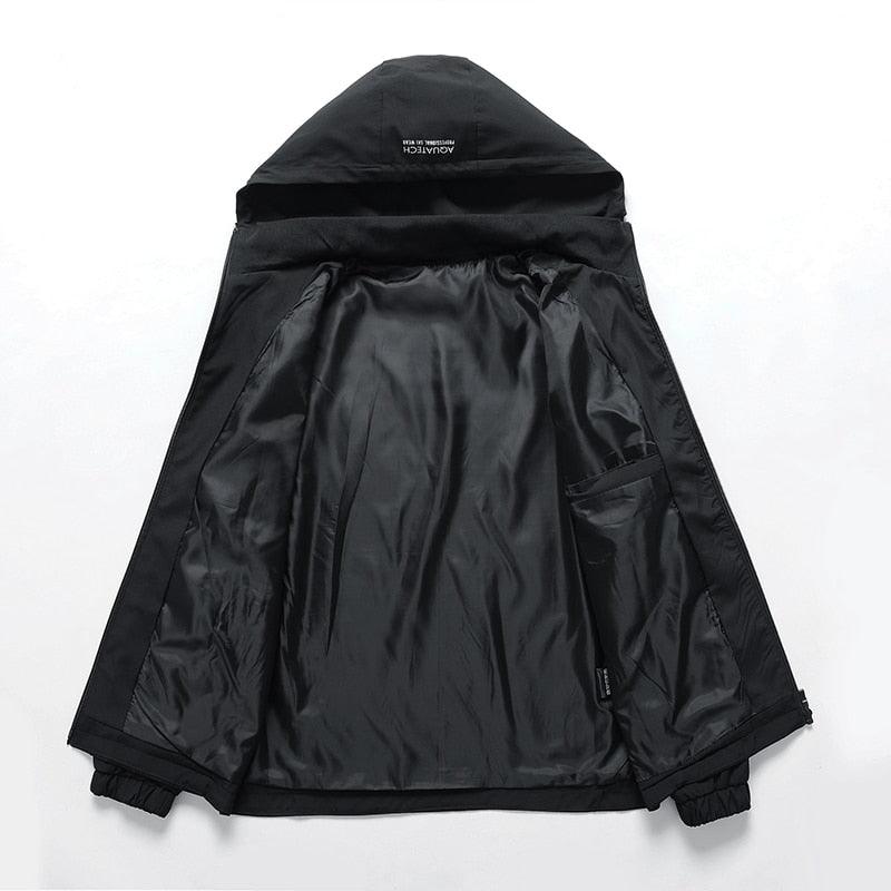 Stevvex men's lightweight black windbreaker jacket with hood, inner pocket and elastic cuffs on Tampa Home & Garden Store