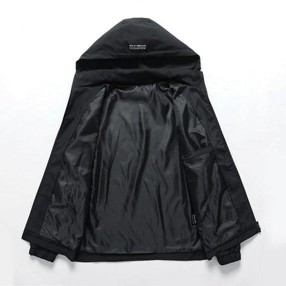 Stevvex men's lightweight black windbreaker jacket with hood, inner pocket and elastic cuffs on Tampa Home & Garden Store
