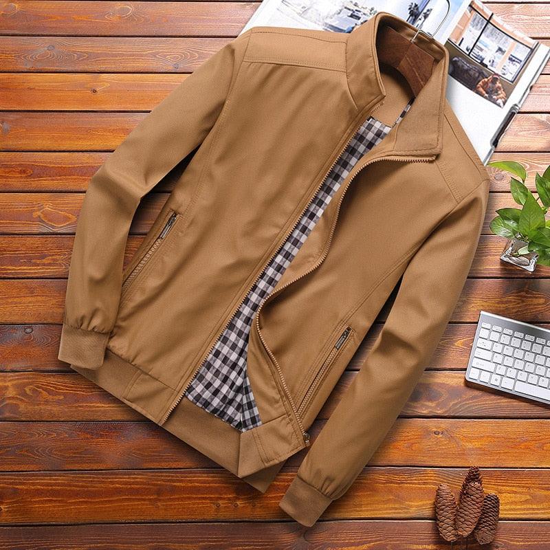 Stevvex men's tan lightweight windbreaker jacket with zip front and plaid lining on Tampa Home & Garden Store