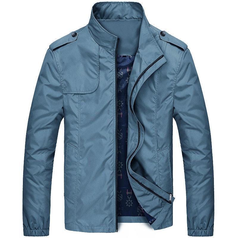 Stevvex men's lightweight blue windbreaker jacket with zip front and stand collar on Tampa Home & Garden Store