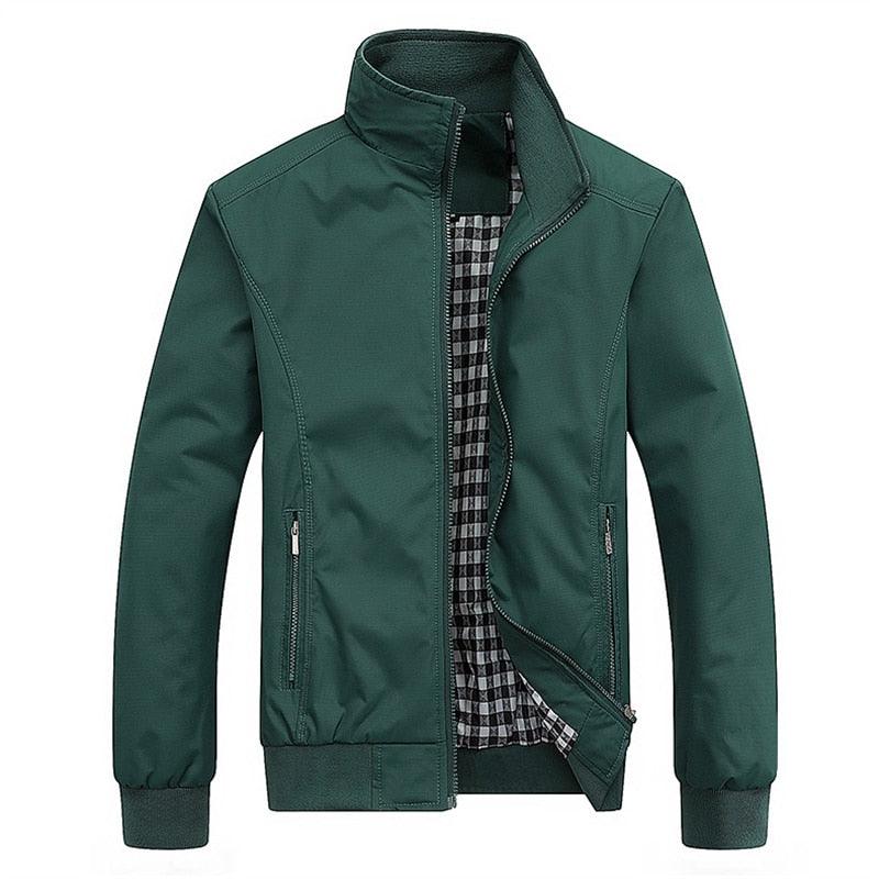 Stevvex green lightweight windbreaker jacket with stand collar, zip front, plaid lining on Tampa Home & Garden Store