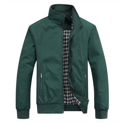 Stevvex green lightweight windbreaker jacket with stand collar, zip front, plaid lining on Tampa Home & Garden Store