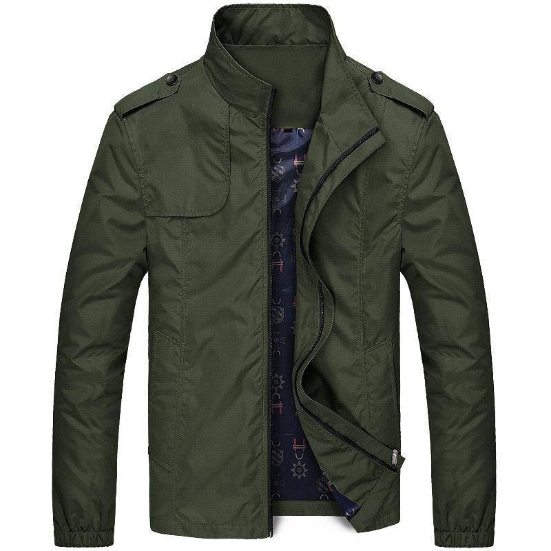Stevvex olive green lightweight outdoor men's jacket with zip front and epaulettes on Tampa Home & Garden Store