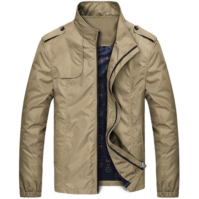 Stevvex men's khaki lightweight windbreaker jacket with zip front, stand collar and epaulettes on Tampa Home & Garden Store
