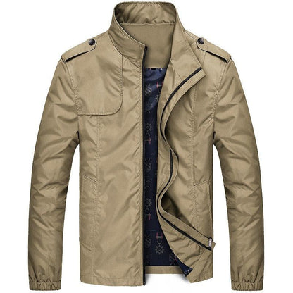 Stevvex men's khaki lightweight windbreaker jacket with zip front, stand collar and epaulettes on Tampa Home & Garden Store