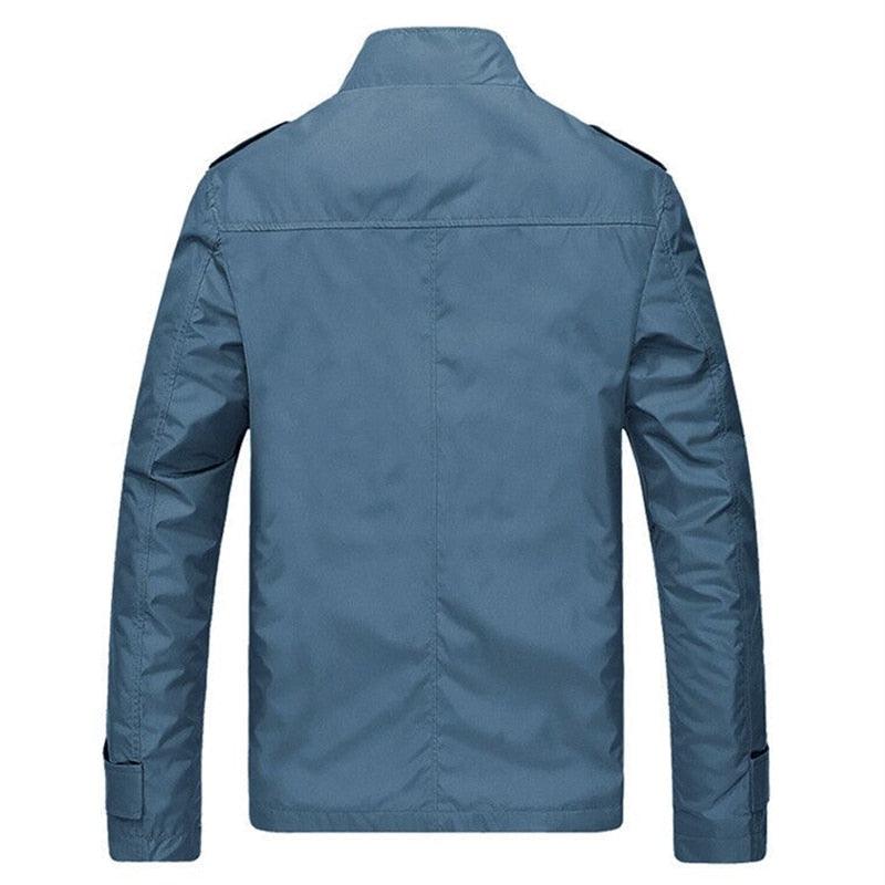 Blue lightweight windbreaker jacket for men, casual solid coat with slim fit back view on Tampa Home & Garden Store