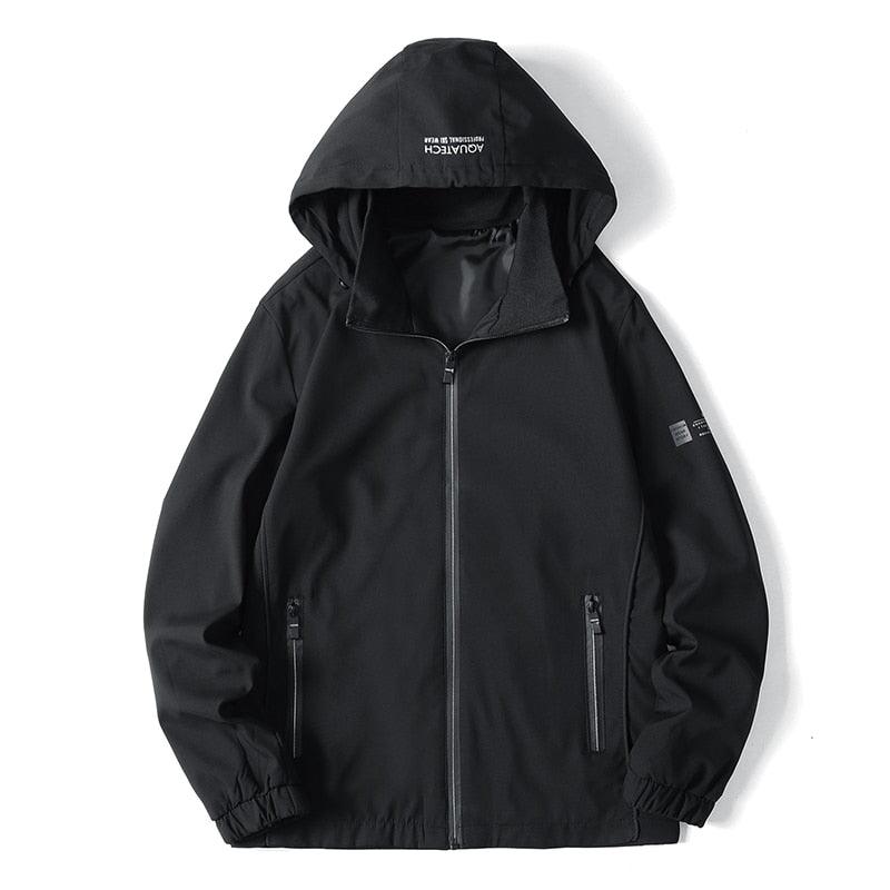 Men's black Stevvex lightweight hooded windbreaker with full-zip front and two zip pockets on Tampa Home & Garden Store