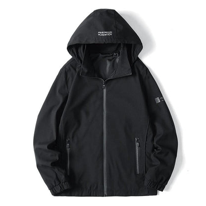 Men's black Stevvex lightweight hooded windbreaker with full-zip front and two zip pockets on Tampa Home & Garden Store