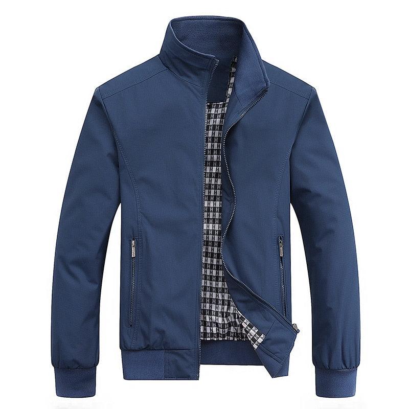 Stevvex men's blue lightweight windbreaker jacket with zip front stand collar and checkered lining on Tampa Home & Garden Store
