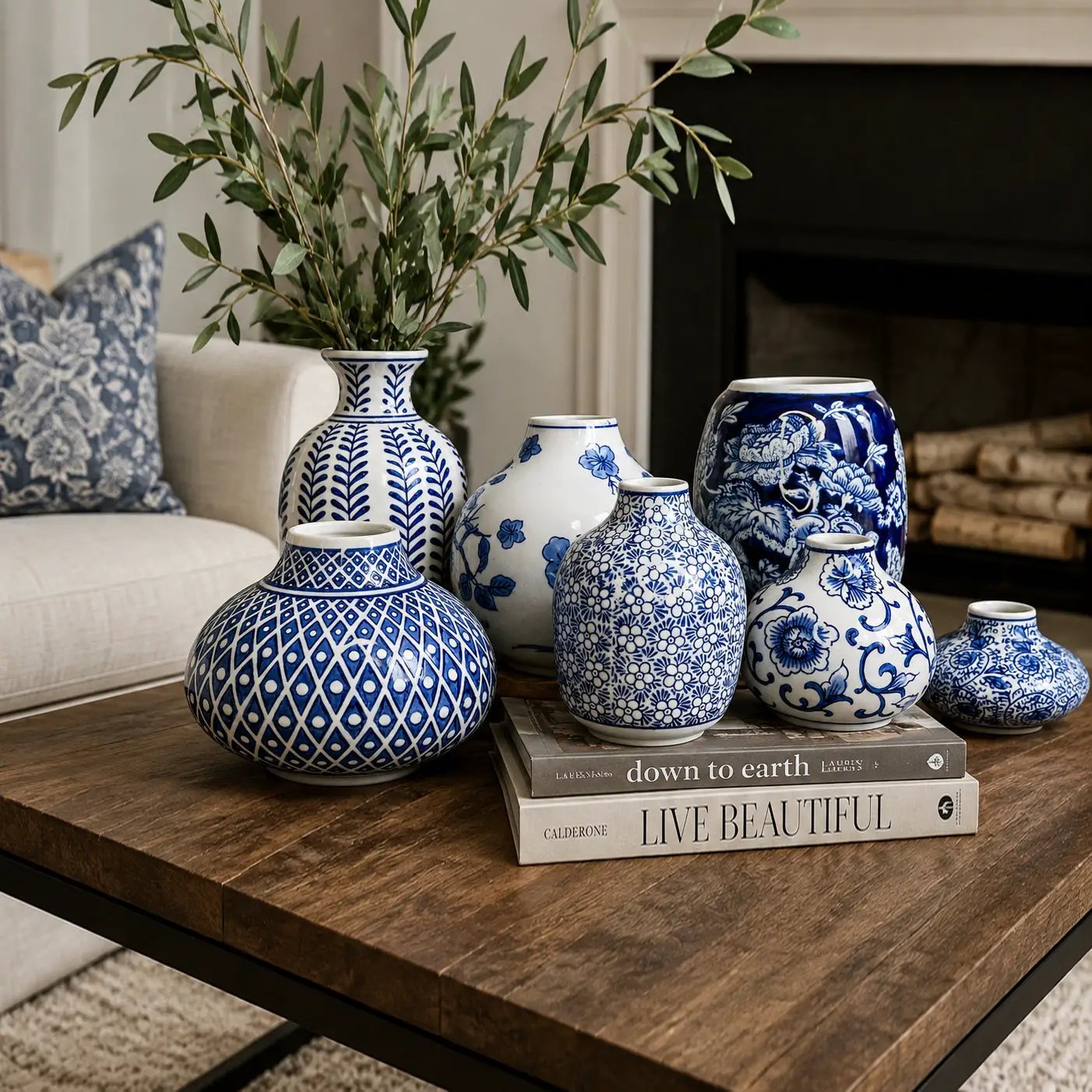 Samira blue porcelain vases collection in white and cobalt blue patterns, seven pieces on Tampa Home & Garden Store