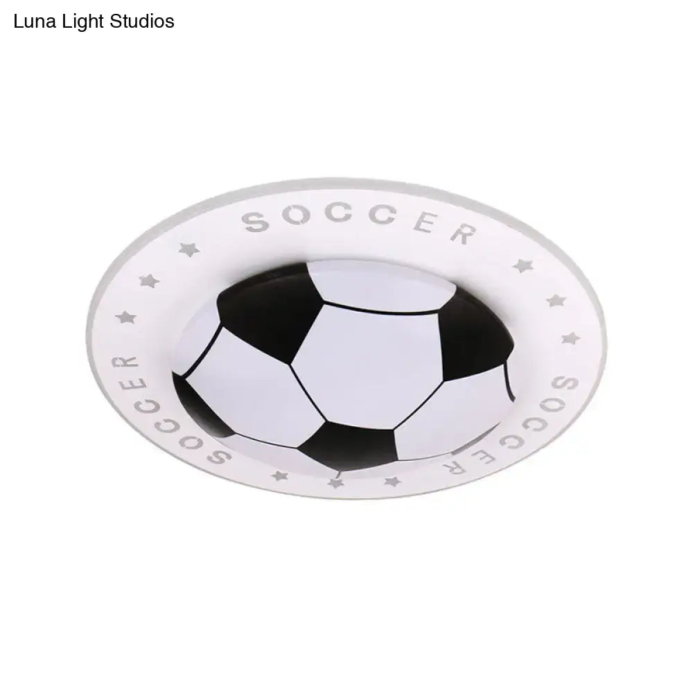 Black soccer-ball ceiling light, white ring with SOCCER text and stars, Decorbites flush mount on Tampa Home & Garden Store