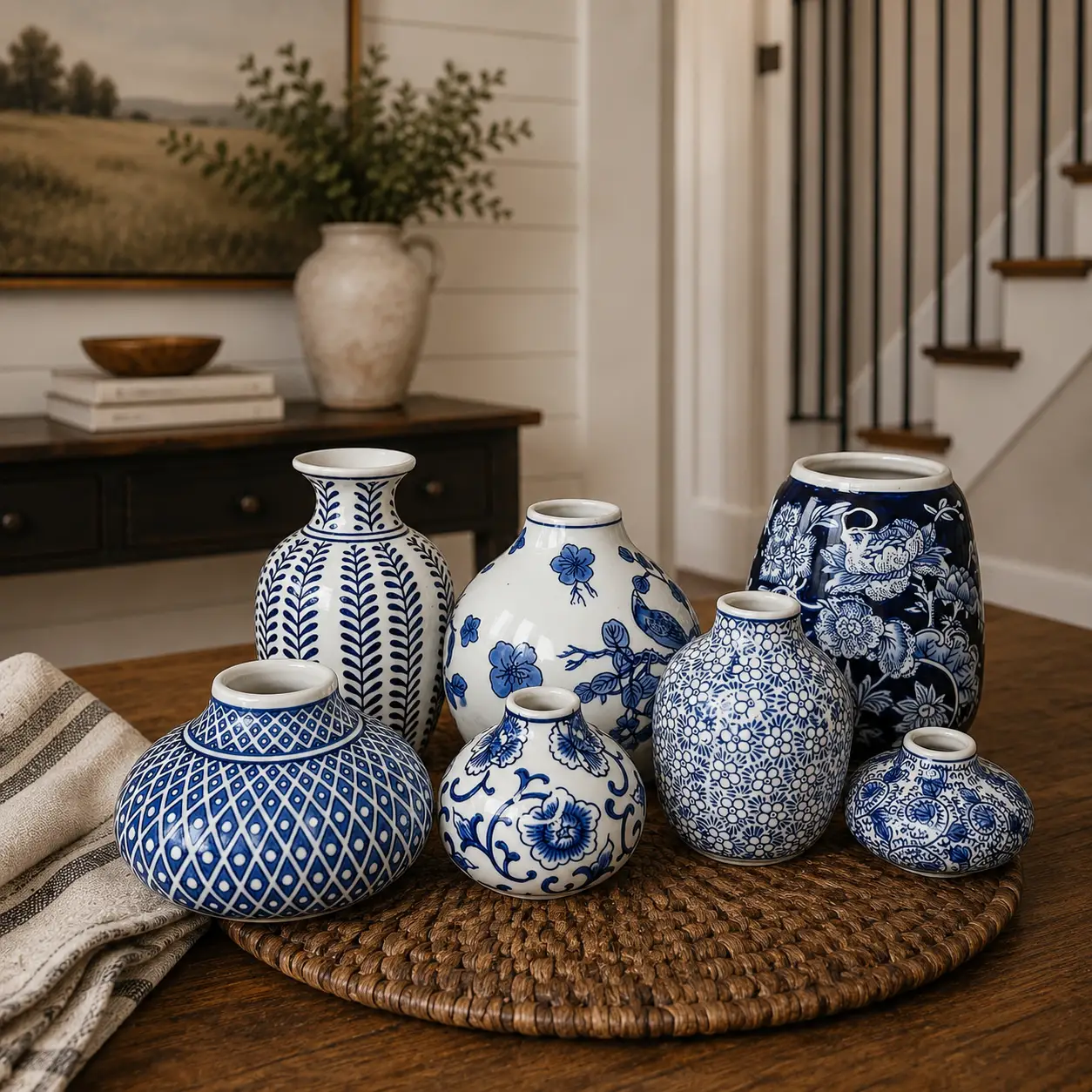 Samira blue porcelain vases set by Gia Roma in assorted shapes with floral and lattice patterns on a woven mat on Tampa Home & Garden Store
