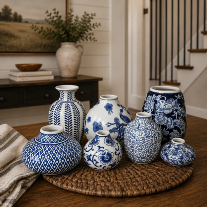 Samira blue porcelain vases set by Gia Roma in assorted shapes with floral and lattice patterns on a woven mat on Tampa Home & Garden Store