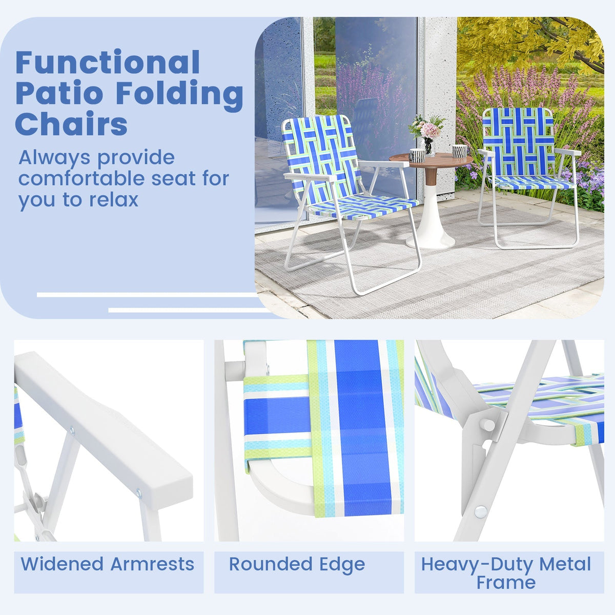 GemGear 4-Piece Folding Beach Chairs with blue striped webbing and white frames on Tampa Home & Garden Store