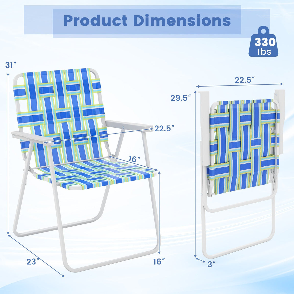 GemGear 4-piece folding beach chair set with blue-green striped webbing on white frames on Tampa Home & Garden Store