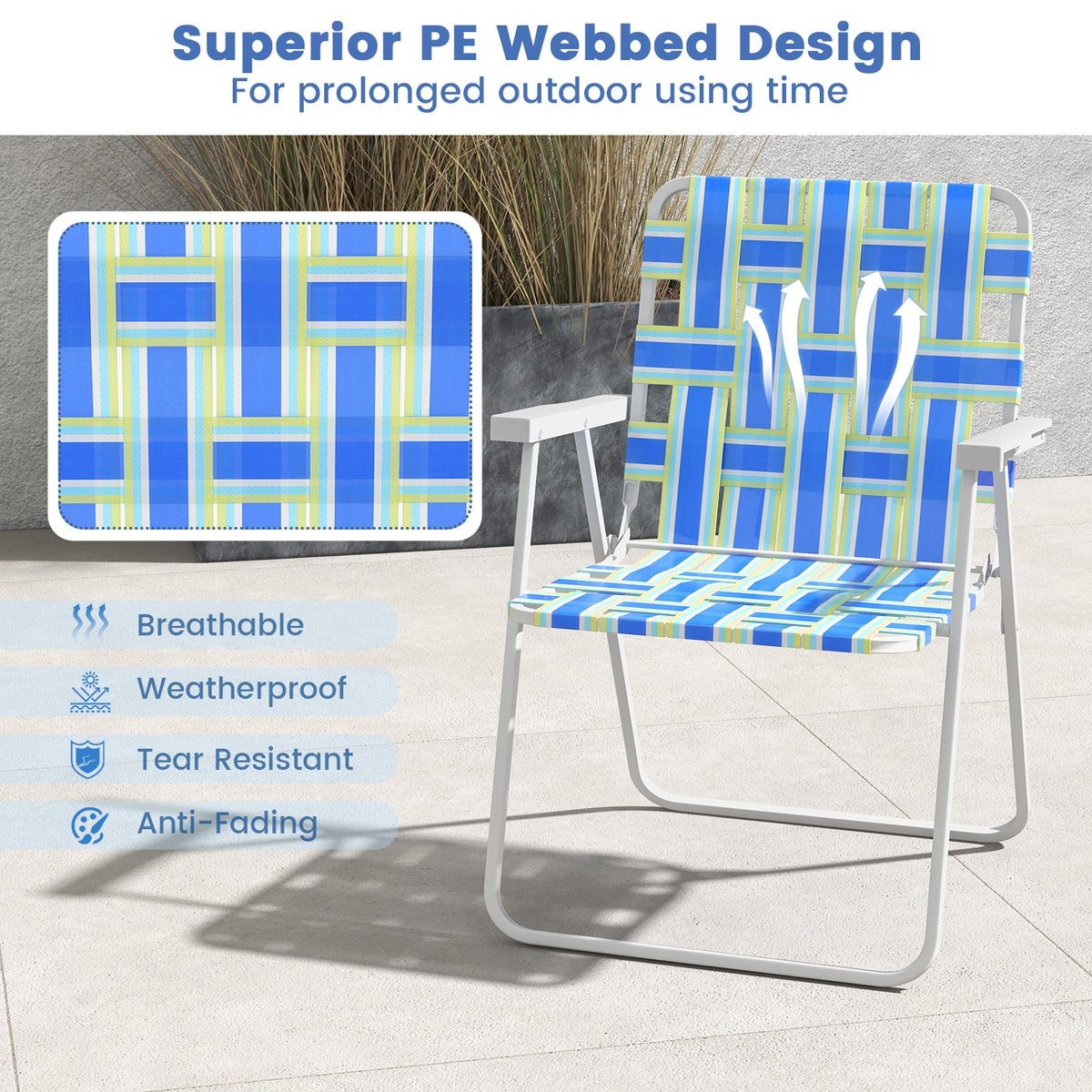 4-Piece Folding Beach Chair Set by GemGear with blue and green striped webbing for camping on Tampa Home & Garden Store