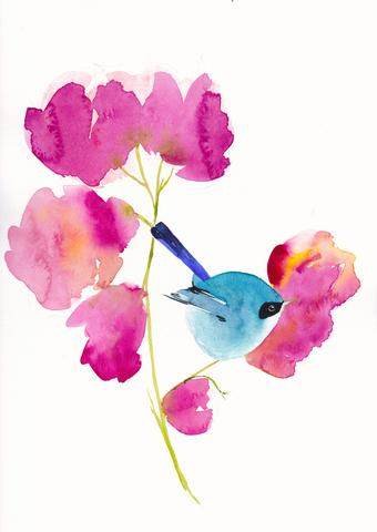 Lámina decorativa "Pájaro azul en las flores" – Decoración de pared vibrante de la naturaleza, Calidad de archivo, Listo para colgar