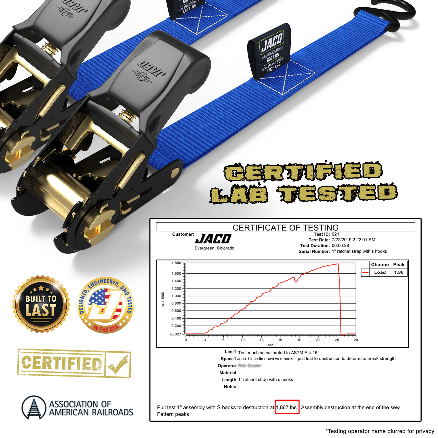 Correas de trinquete para amarre (paquete de 4) - 2,5 cm x 4,5 m | Resistencia a la rotura certificada por la AAR (823 kg) | Juego de amarre de carga