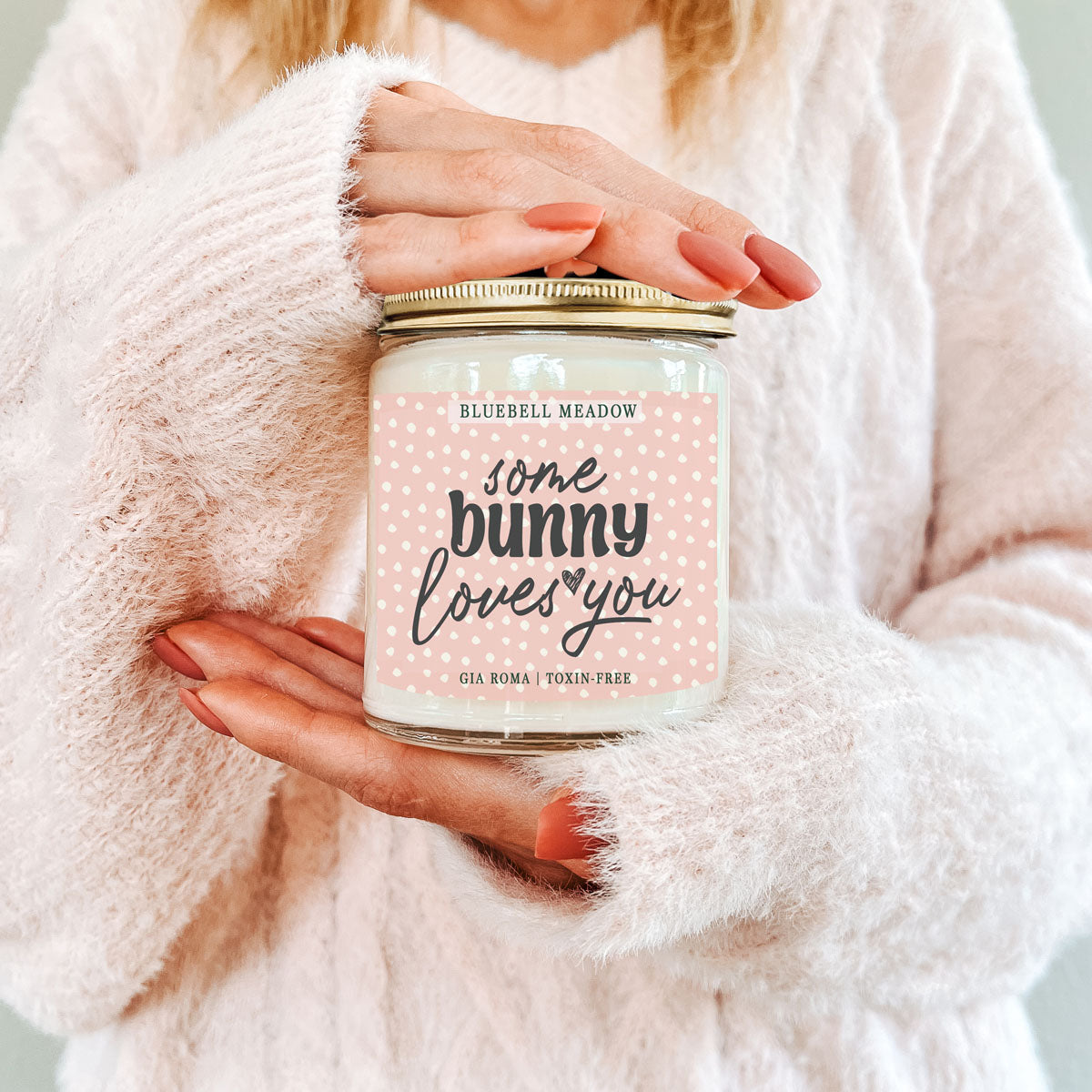 Bluebell Meadow candle Gia Roma in a glass jar with pink dotted label on Tampa Home & Garden Store