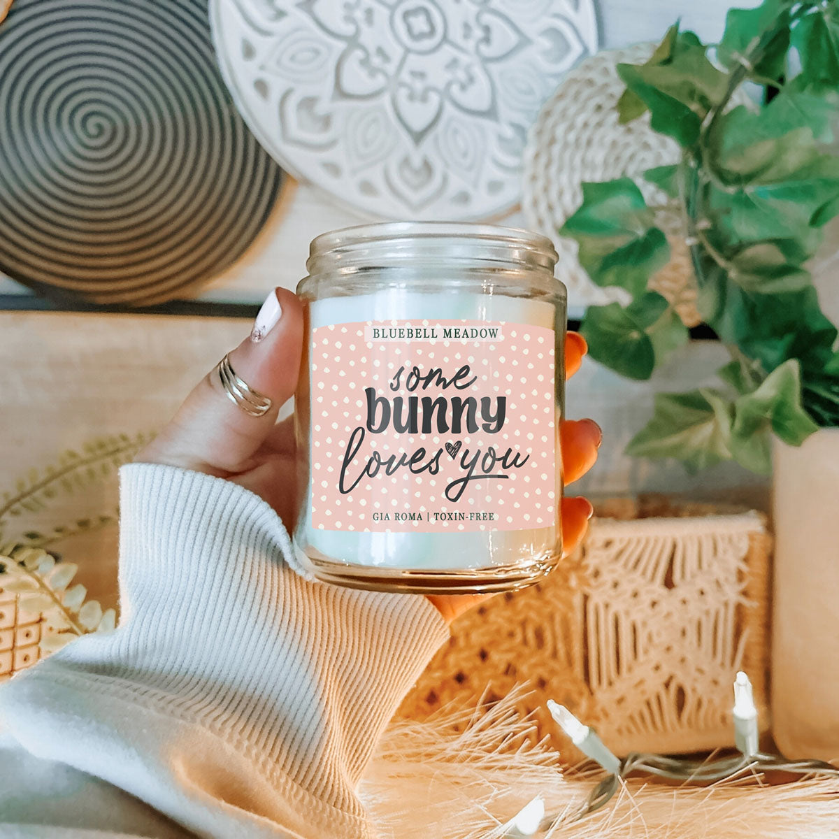 Bluebell Meadow Candle in a clear glass jar with pink dotted label bunny loves you Gia Roma on Tampa Home & Garden Store
