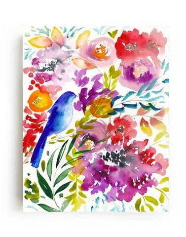 Lámina artística "Pájaro azul entre las flores" – Arte mural de naturaleza de archivo
