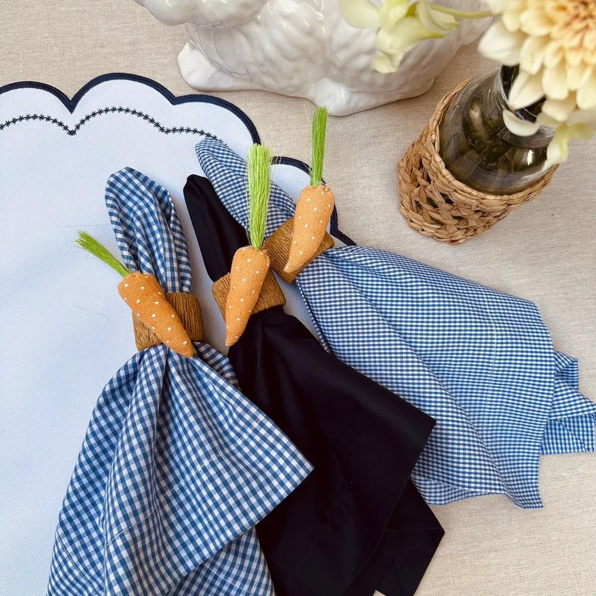 Mini gingham cotton napkins in blue and black with carrot napkin wraps by Talah Home on Tampa Home & Garden Store