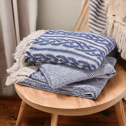 Blue Diamond Throw With Tassels Cotton Blanket