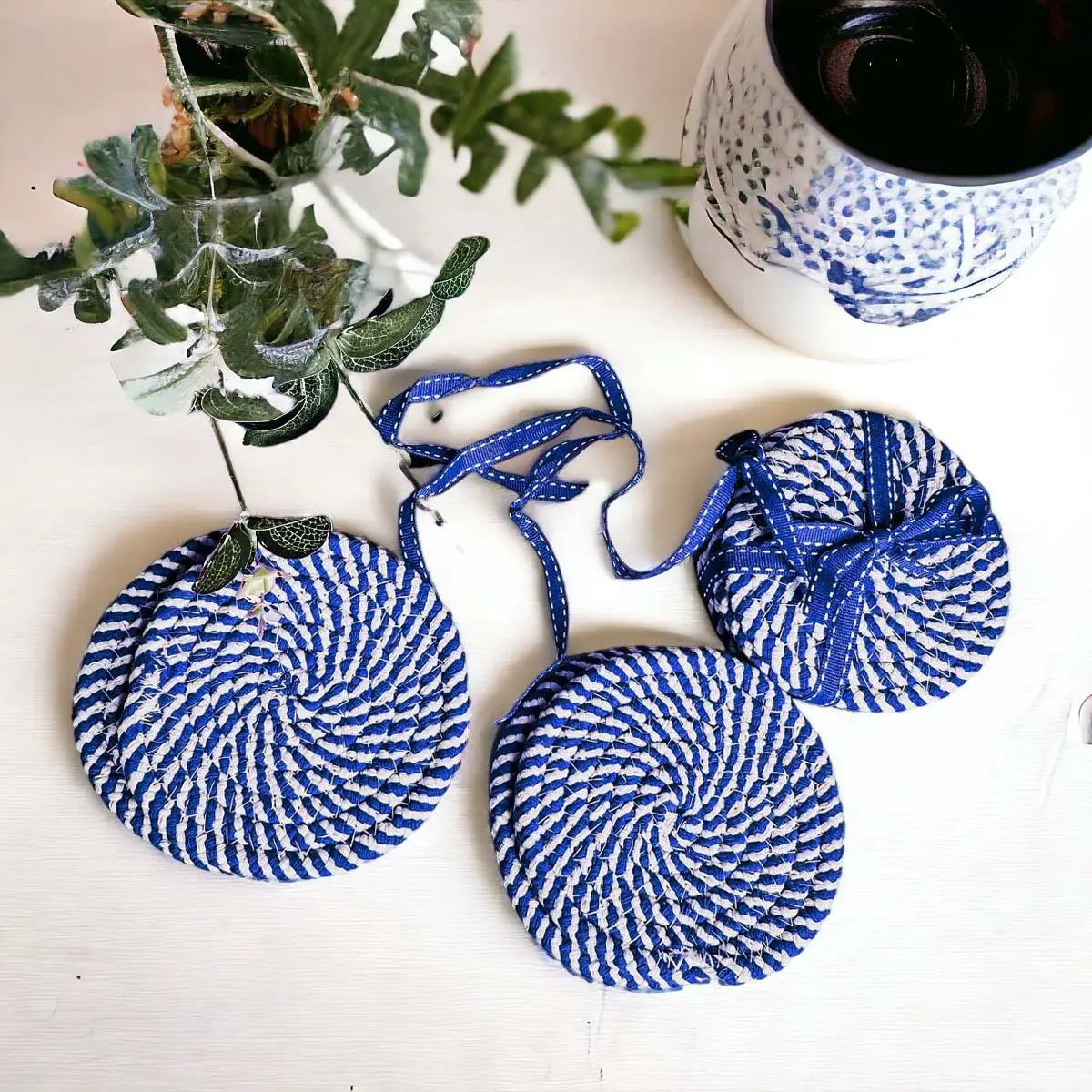 Blue and White Braided Rope Coasters Set of 4