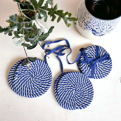 Blue and White Braided Rope Coasters Set of 4