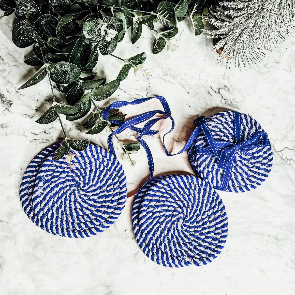 Blue and White Braided Rope Coasters Set of 4
