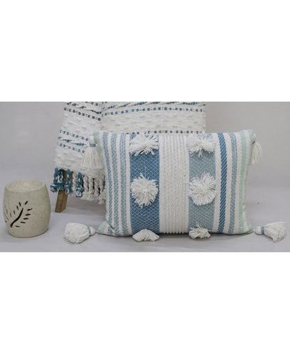 Vibhsa blue striped throw pillow 14x20 pair with large pom poms and tassels on Tampa Home & Garden Store