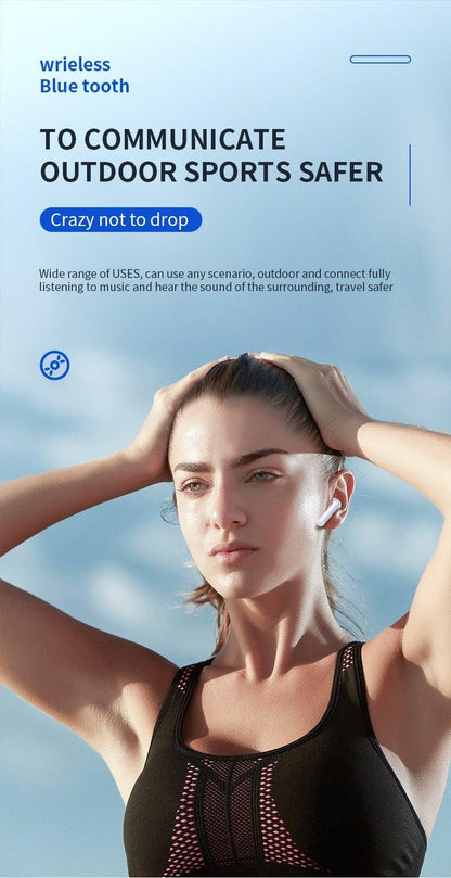 Stevvex in-ear wireless earphones with LED charging case, white earbuds worn by a woman outdoors on Tampa Home & Garden Store