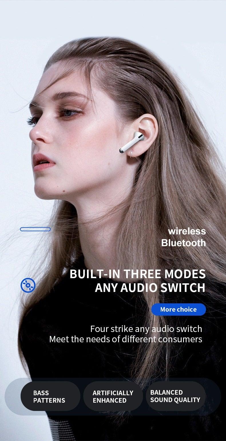 Stevvex in-ear wireless Bluetooth earbuds in white worn by woman with mic on Tampa Home & Garden Store