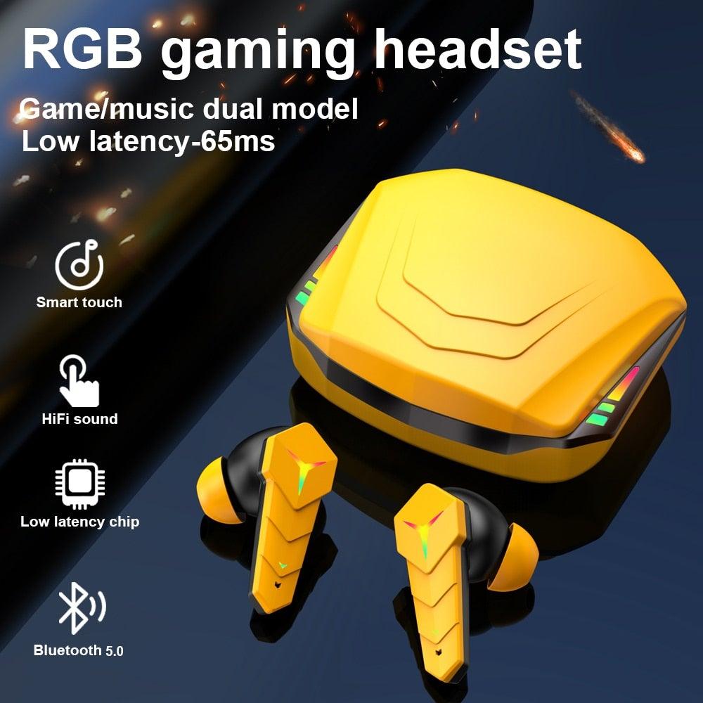 Yellow wireless in-ear gaming earbuds with charging case, Bluetooth 5.0, low-latency 65ms on Tampa Home & Garden Store
