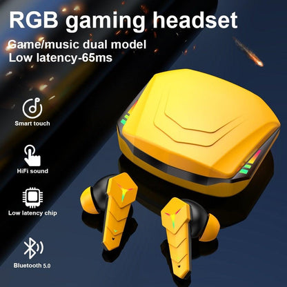 Yellow wireless in-ear gaming earbuds with charging case, Bluetooth 5.0, low-latency 65ms on Tampa Home & Garden Store