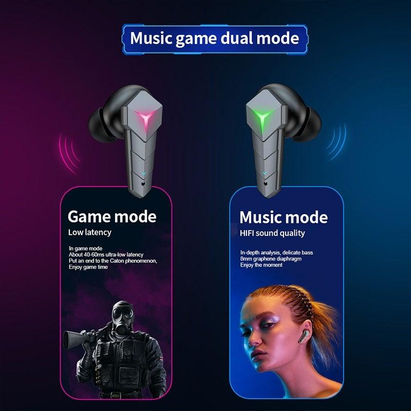 Stevvex Bluetooth 5.0 in-ear gaming earbuds with RGB LED accents, dual game and music modes, charging case pair on Tampa Home & Garden Store
