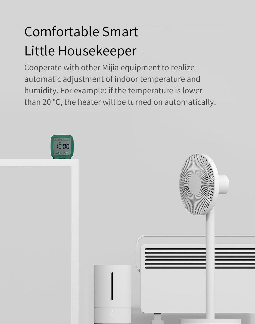 Stevvex green alarm clock with LCD on white shelf beside white desk fan (two items) on Tampa Home & Garden Store