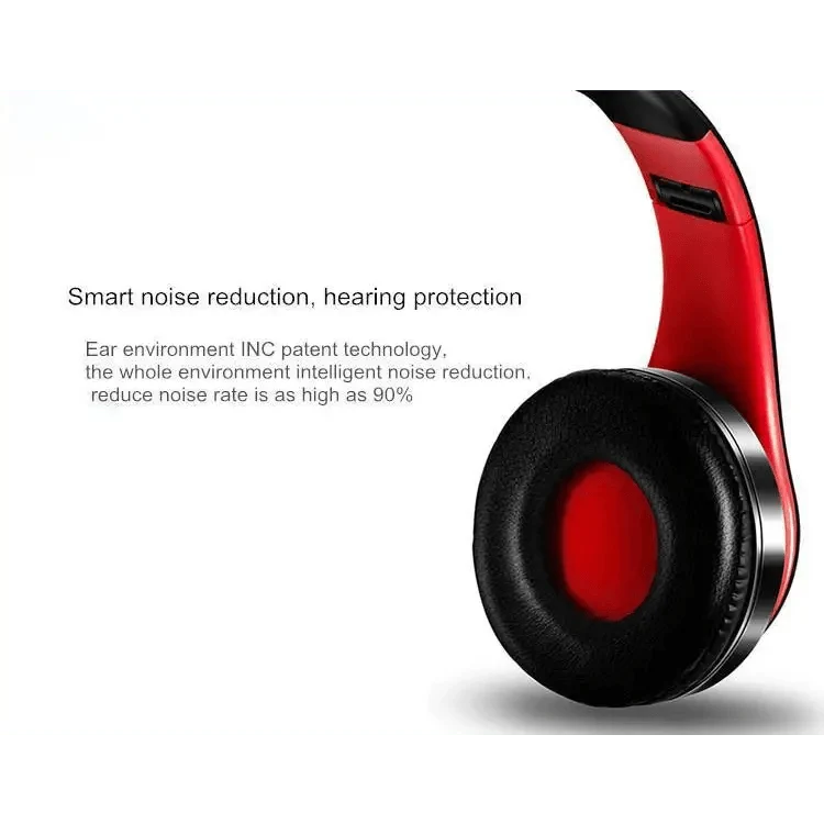 Red Bluetooth foldable over-ear headphones with black cushions and mic on Tampa Home & Garden Store